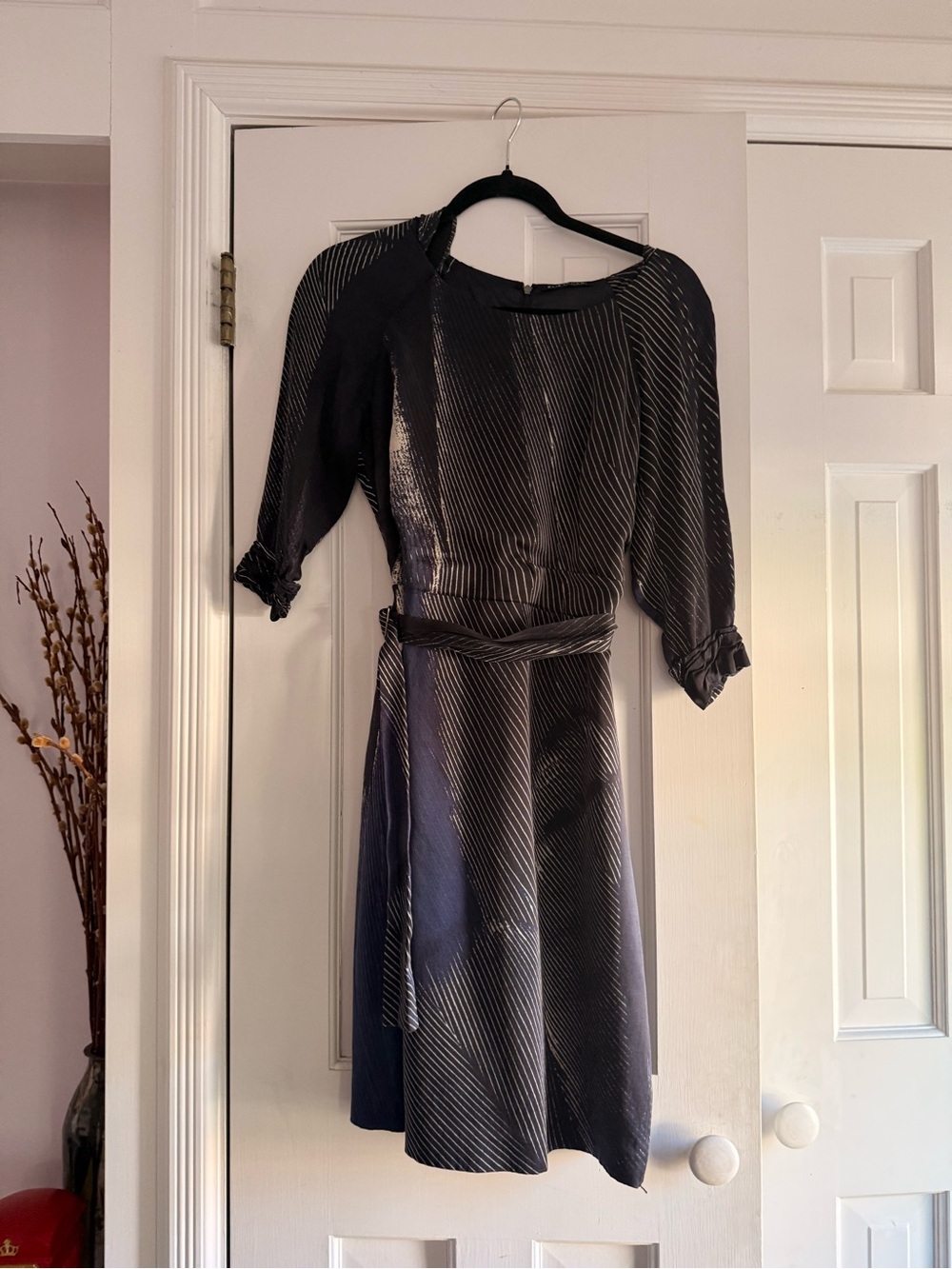 Elie Tahari Black and Silver Striped Midi Dress